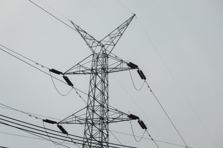 A view of a tall, steel lattice transmission tower carrying high-voltage power lines. The tower stands against a grey, overcast sky.の写真素材