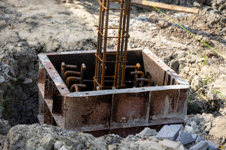 Close-up of a construction site with a metal reinforcement for concrete pouringの写真素材