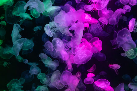 mesmerizing underwater scene featuring a large group of glowing colourful jellyfish illuminated by...