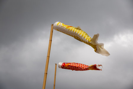 Two koinobori (carp streamers) flying against a cloudy sky. Traditional Japanese decorations for Children's Day, symbolizing strength and courageの写真素材
