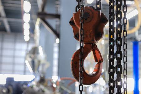 A close-up of a red industrial chain hoist with heavy-duty metal chains, suspended in a factory or workshop environment. The blurred background showcases machinery and equipmentの写真素材