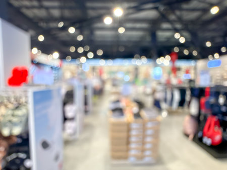 blurry image showing the interior of a shopping mall. The scene is out of focus, with indistinct shops, lights, and people walking. The overall impression is soft and abstractの写真素材