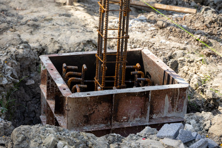 Close-up of a concrete foundation with a steel rebar cage inside, prepared for construction. Shows the initial stage of building supportの写真素材