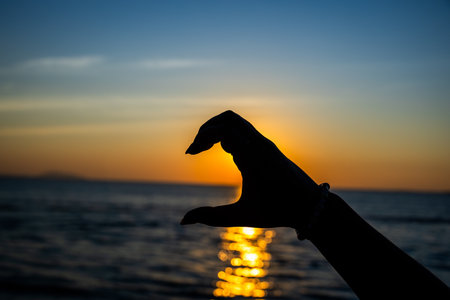 silhouetted hand forming a half-heart gesture in front of a glowing sunset over the ocean, with golden sunlight reflectingの写真素材