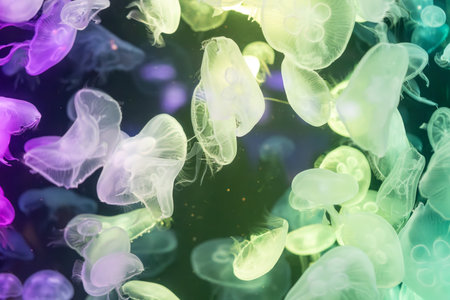 mesmerizing underwater scene featuring a large group of glowing colourful jellyfish illuminated by vibrant blue and green neon lights.の写真素材