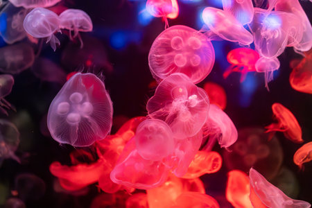 mesmerizing underwater scene featuring a large group of glowing colourful jellyfish illuminated by vibrant blue and green neon lights.の写真素材