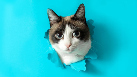 Cat breaking through blue paper posing in hole with ripped sides, copy space. Animal food or veterinary clinic advertisementの写真素材
