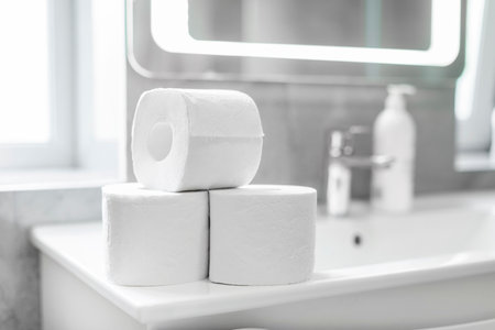 Rolls of soft white toilet paper stacked on washbasin in bathroom with grey tone tile, closeup shotの写真素材
