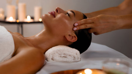 Anti-stress head massage. Young lady enjoying pampering in warm candle lighting ambient salon spa in luxury resortの写真素材