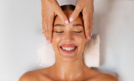 Anti aging beauty session. Cosmetologist massaging happy womans face, touching forehead, top view. Lady having relaxing therapy at luxury spa salonの写真素材