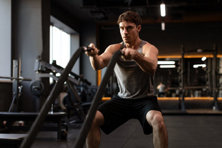 Healthy man athlete doing exercises with ropes, working out in gym, practicing hard and training his...