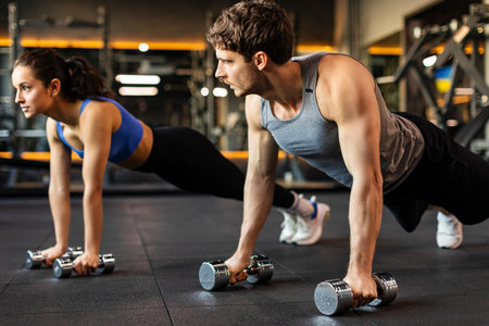 Fitness, sports concept. Sporty strong man and woman doing plank on weights, working out together in...