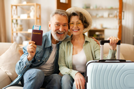 New trip, finally. Excited senior couple holding travel tickets and passports, sitting with packed...