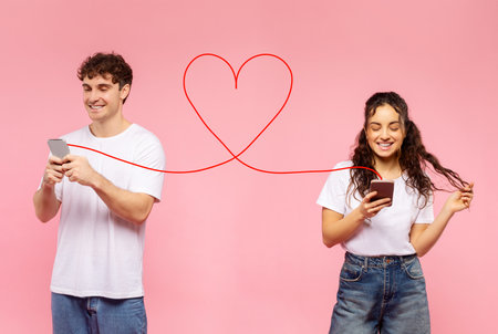 Online romance. European lady and guy messaging on smartphones in dating app, connected with drawn...
