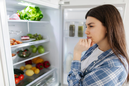 Thoughtful young woman standing near open refrigerator and looking indoors, thinking about meal preparationの写真素材
