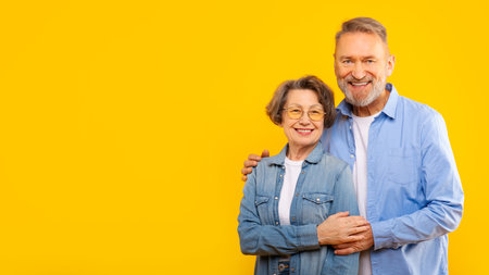 Happy European senior couple embracing, showing the joy of lasting love and togetherness, posing...