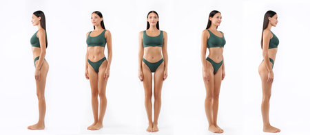 Young fit woman in underwear posing in various positions and sides isolated on white background, collage, panoramaの写真素材