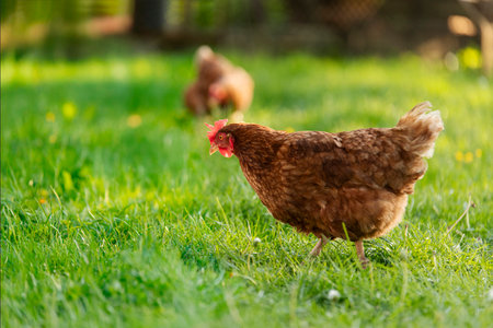 Free range chickens walking outdoors on field, standing on meadow green grass, copy space for bannerの写真素材