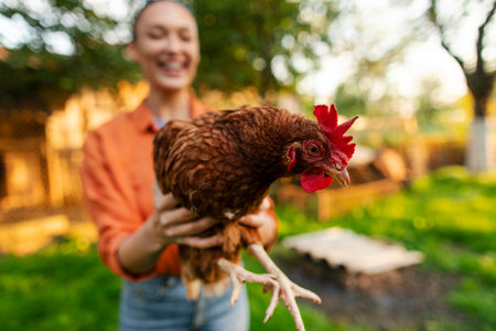 Happy young farmer woman holding brown chicken in hands, working in her organic local poultry farm, closeup shot, focus on henの写真素材