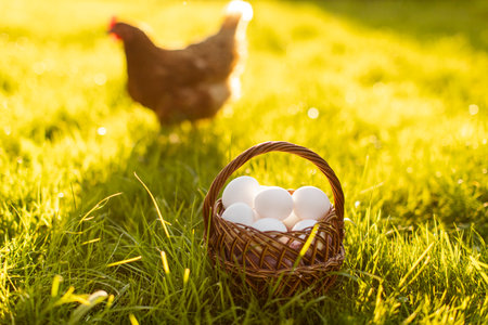 Basket full of fresh eggs and country chicken walking on green grass with sunlight on backgroundの写真素材