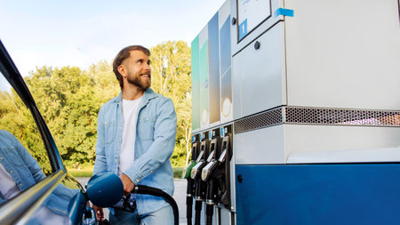 Car fuel offer. Handsome man refilling automobile with petrol at gas station, looking at gasoline...