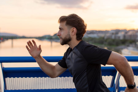 Young athlete man listening to music while running on the city bridge in sunset. Fitness and healthy...