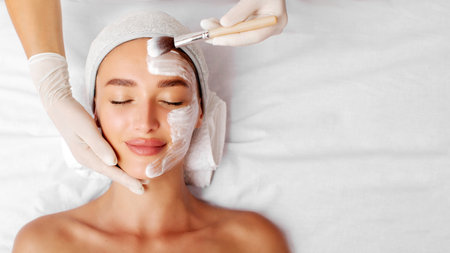 Beautiful young woman getting nourishing facial mask at spa salon, cosmetologist applying white mask with brush, top view, panorama with copy space. Facial beauty treatment conceptの写真素材
