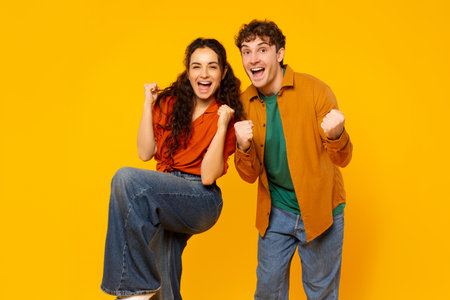 Wow, yes. Overjoyed couple shaking clenched fists, cheering and looking at camera, posing over...