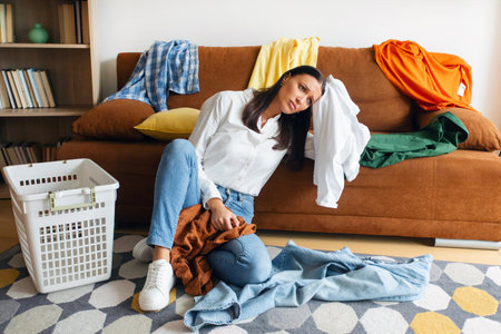Tired lady sitting among laundry in living room feeling burnout, stress and exhausted of housekeeping scheduleの写真素材