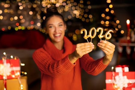 Selective focus, lady holding number, sitting at home in decorated room with garland lights, getting...
