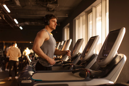 Sporty young man wearing headphones working out on gym equipment in well-lit fitness center, running on treadmill, side view, copy spaceの写真素材