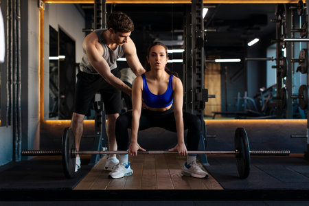 Female athlete practicing lifting weights in gym while man trainer providing guidance, training in...