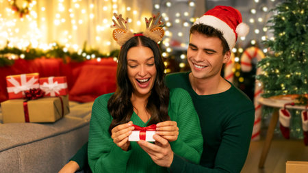 Man surprising his wife, woman looking at small gift box, spouses exchanging presents, sitting in living room interior with Xmas tree and luminous garlandsの写真素材