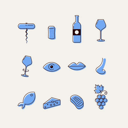 Wine icons set - glass, bottle, restaurant, foodのイラスト素材