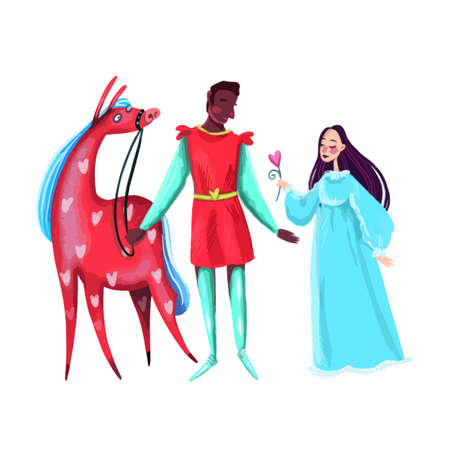 Love of Prince and Princess on a red horse in hearts.のイラスト素材