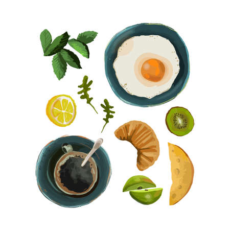 Set of cartoon vector illustrations of healthy breakfast foodのイラスト素材