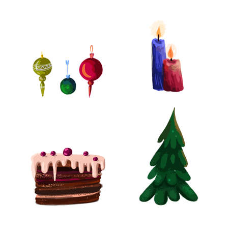 Set of vector illustrations of decorations for the new year and christmasのイラスト素材