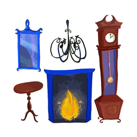 vector interior design illustration. collection set of elements. designer trendy furniture. table chair sofa lamp mirror plant chest table armchair. modern and retro. contemporary danish. mid centuryのイラスト素材