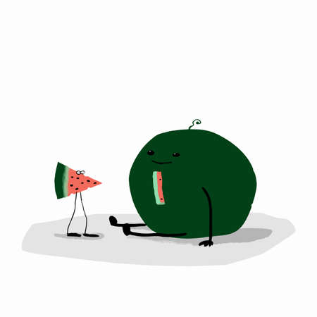 vector cartoon illustration of watermelon and watermelon slice are perfect for each otherのイラスト素材