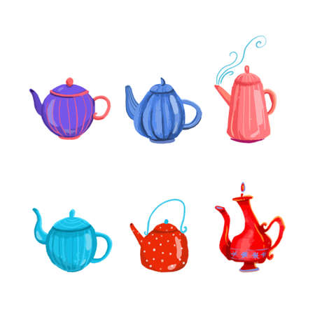 set of six Cartoon fairy teapots. Vector illustrationのイラスト素材