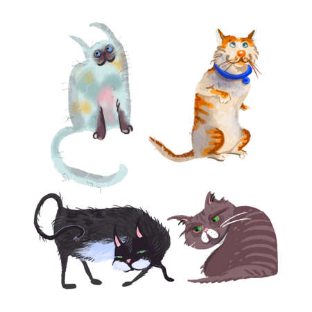 Cartoon cat characters collection. Different cat s poses, yoga and emotions set. Flat color simple style design. Vector illustrationのイラスト素材