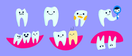 set of cartoon teeth. tartar, broken tooth, tooth looks in the mirrorのイラスト素材
