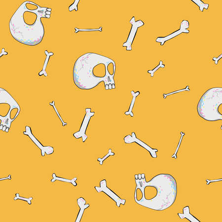 Skull cartoon seamless pattern. Skeleton head drawing ornament.
