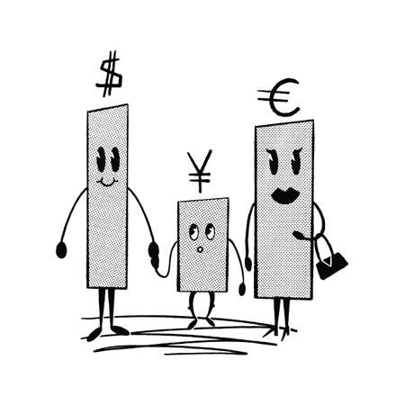 Black and white cartoon diagram of dollar, euro and yen. world currencies togetherのイラスト素材