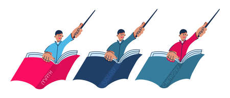 a pedagogue with a pointer in his hand flies on a bookのイラスト素材