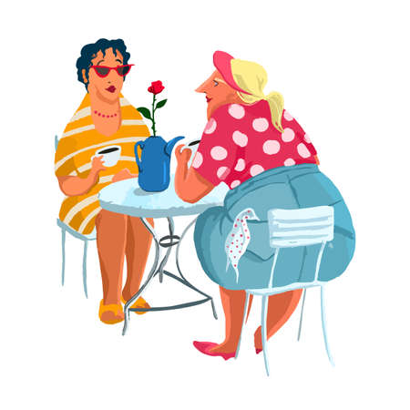Two bodypositive female girlfriends are sitting at a cafe tableのイラスト素材
