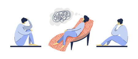 A girl in different poses with depressive thoughts. Sofa in the psychologist s officeのイラスト素材