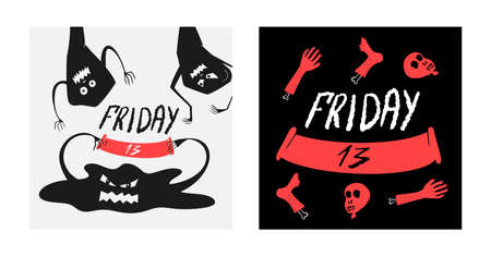 postcards for Friday the 13th with monsters and body partsのイラスト素材