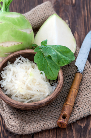 grated kohlrabi in a clay plateの写真素材