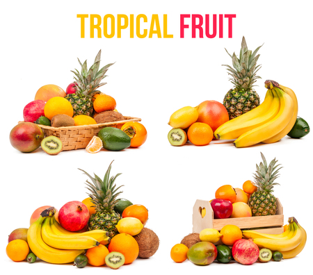 tropical fruit set of four compositions isolated on white backgroundの写真素材